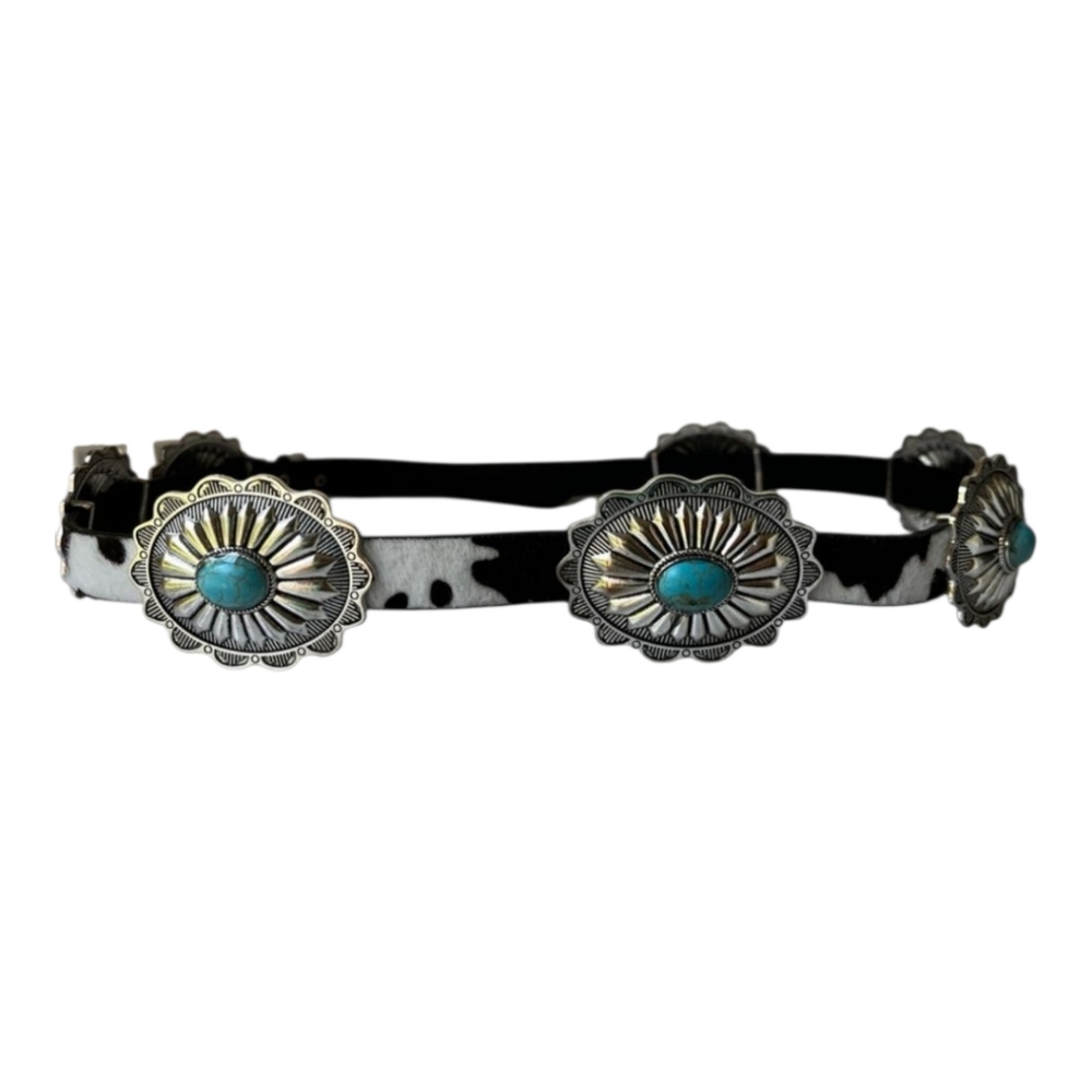 Haute Hippie Cow Print Silver and Turquoise Chain Concho Belt New
